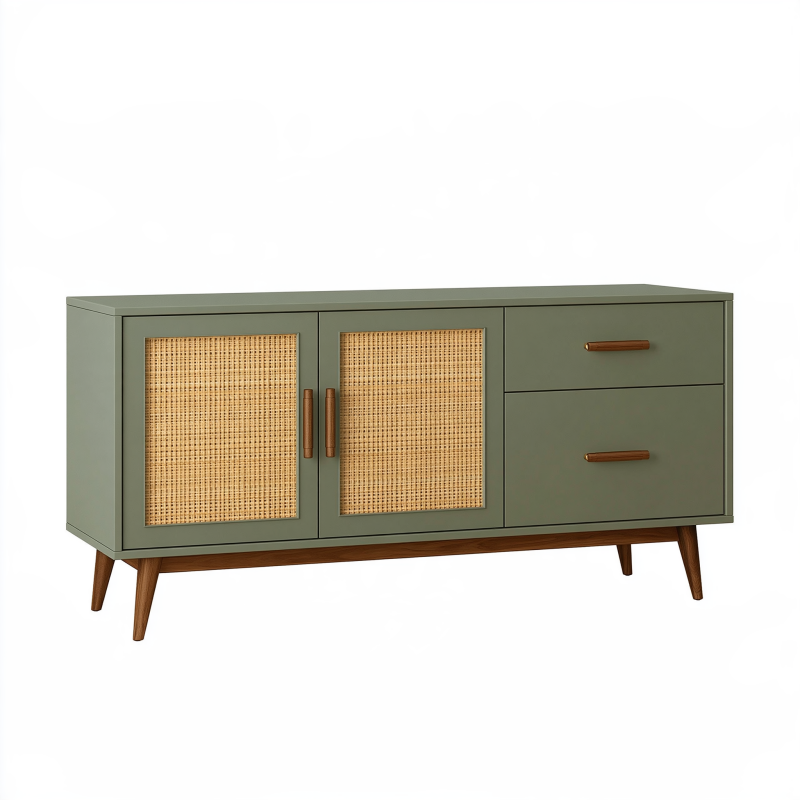 Buffet 150 x 40 x 80 cm vert en bois avec portes en cannage style rétro