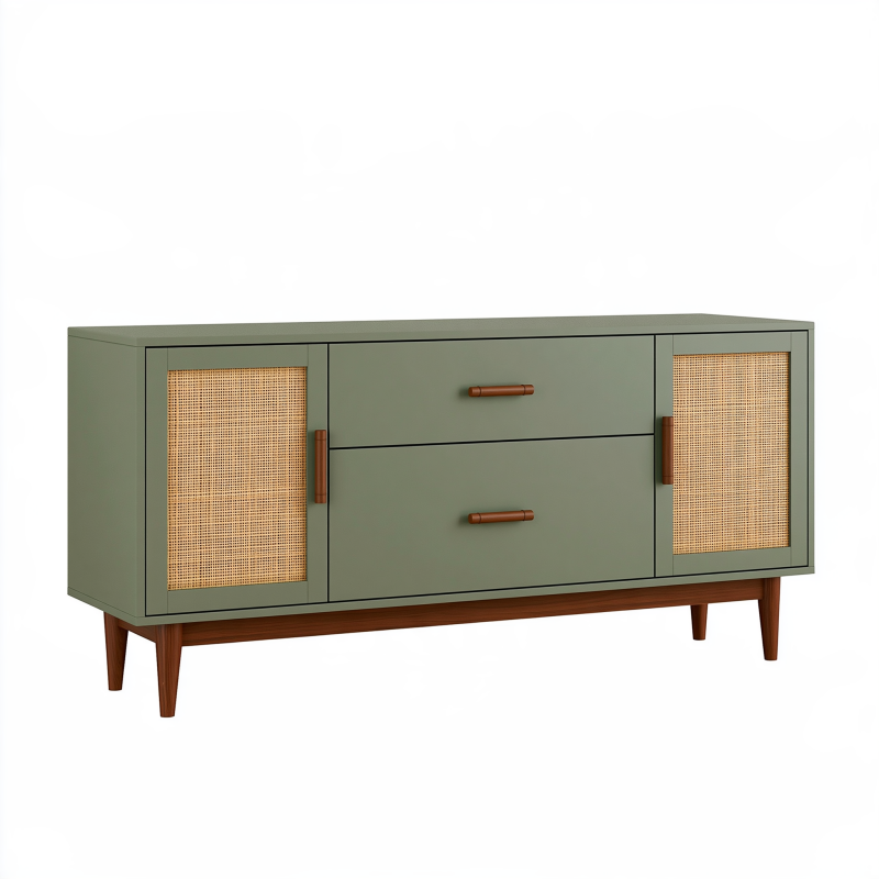 Buffet 160 x 40 x 80 cm vert kaki en panneaux de bois et cannage - rangement rétro