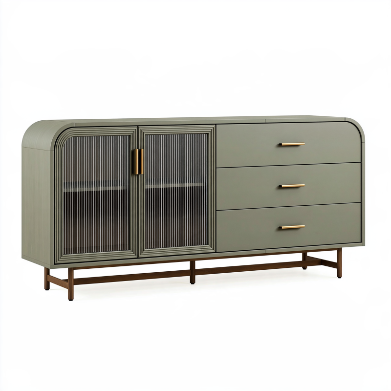 Buffet 160 x 45 x 80 cm en bois vert kaki avec portes en verre cannelé rangement contemporain