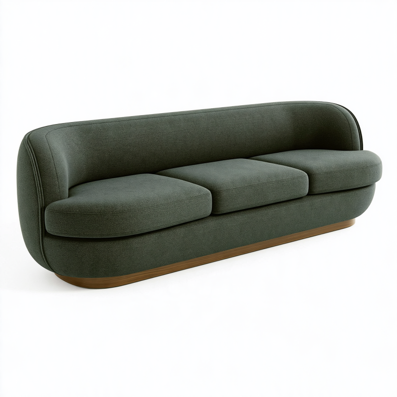 Canapé 3 places 230 cm en tissu vert avec base en bois style contemporain