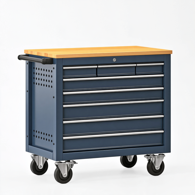 Servante d'atelier 100 x 50 x 95 cm en acier bleu avec plateau en bois et 8 tiroirs sur roulettes