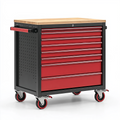 Servante d atelier 113 x 46 x 96 cm en acier rouge et noir avec plan de travail en bois à 7 tiroirs sur roulettes