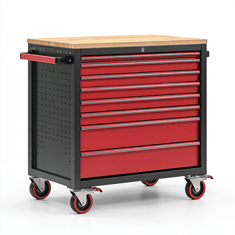 Servante d atelier 113 x 46 x 96 cm en acier rouge et noir avec plan de travail en bois à 7 tiroirs sur roulettes