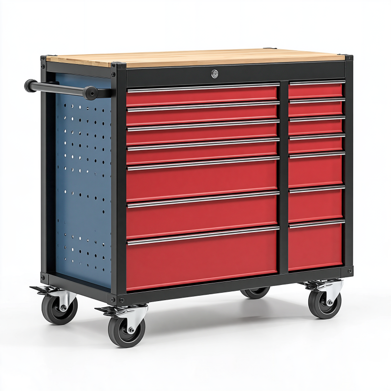 Servante d'atelier 120 x 60 x 95 cm en acier rouge et noir à 13 tiroirs avec plan de travail en bois