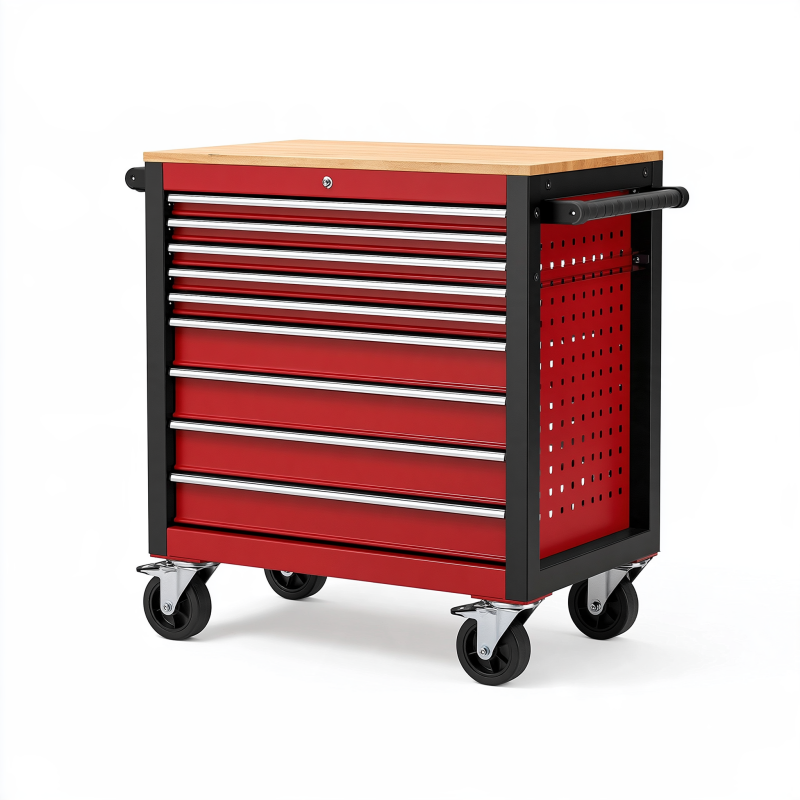 Servante d'atelier 113 x 46 x 96 cm en acier rouge et noir avec plateau en bois