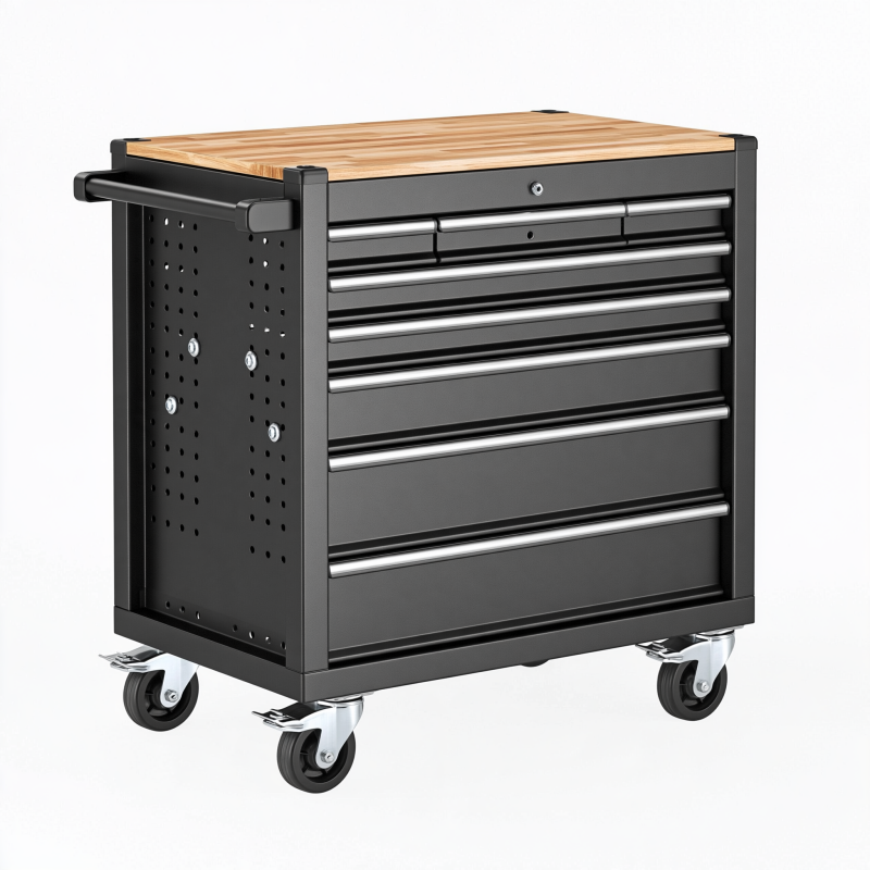 Servante d atelier 77 x 46 x 96 cm en acier noir avec plan de travail en bois à roulettes et 6 tiroirs