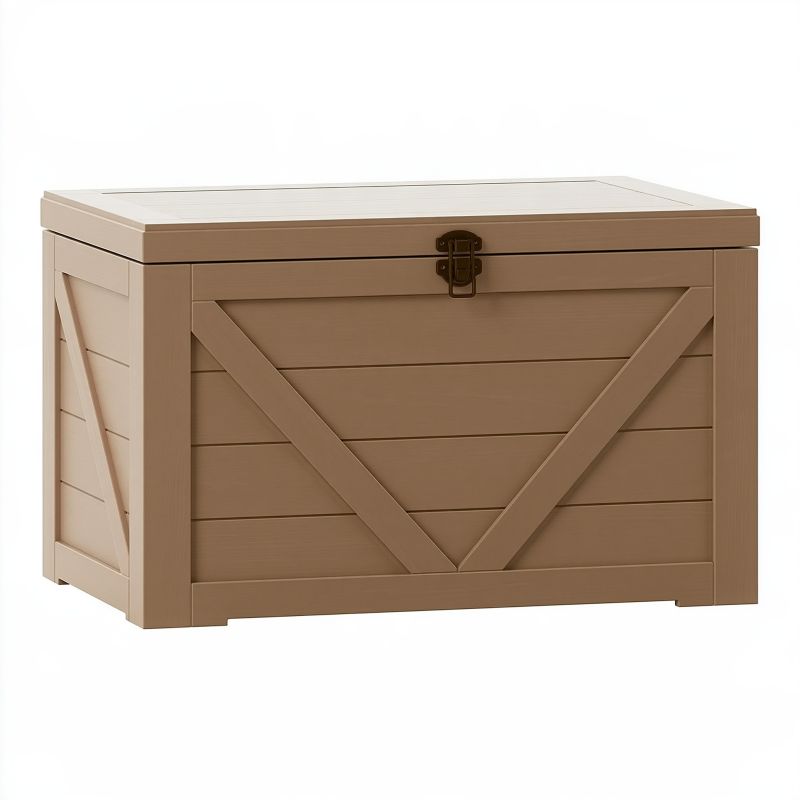 Coffre de rangement extérieur 120 x 61 x 63 cm en résine taupe effet bois à couvercle