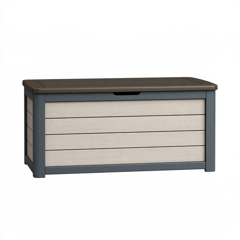 Coffre de rangement 120 x 55 x 60 cm en résine gris anthracite et beige style contemporain pour jardin