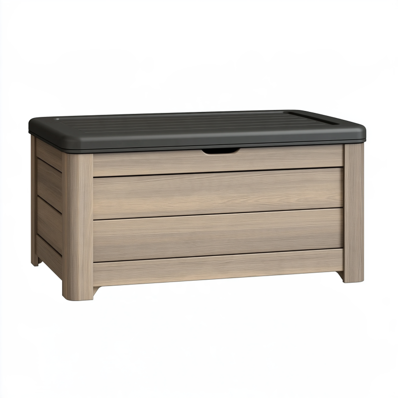 Coffre de rangement extérieur 120 x 60 x 60 cm en résine beige et noir effet bois
