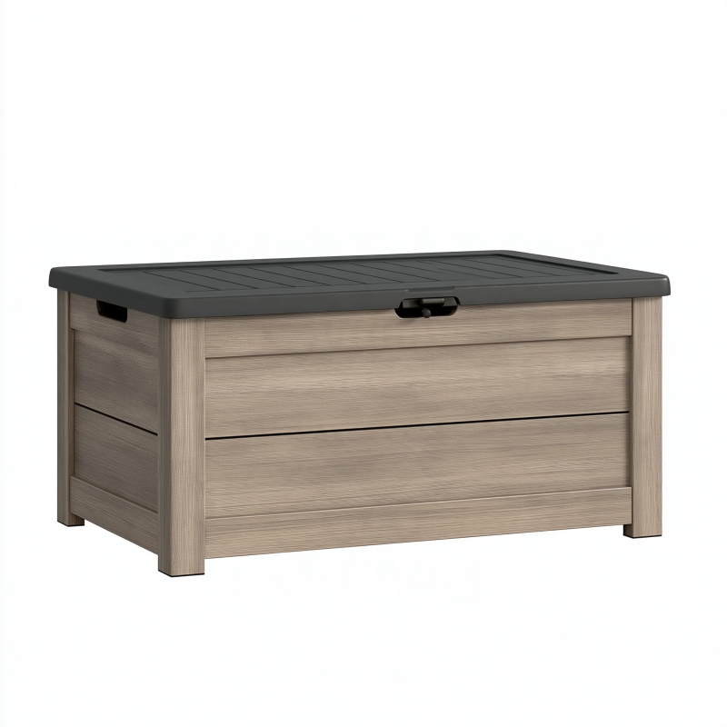 Coffre de rangement extérieur 117 x 45 x 57 cm en résine brun/noir avec couvercle étanche style bois