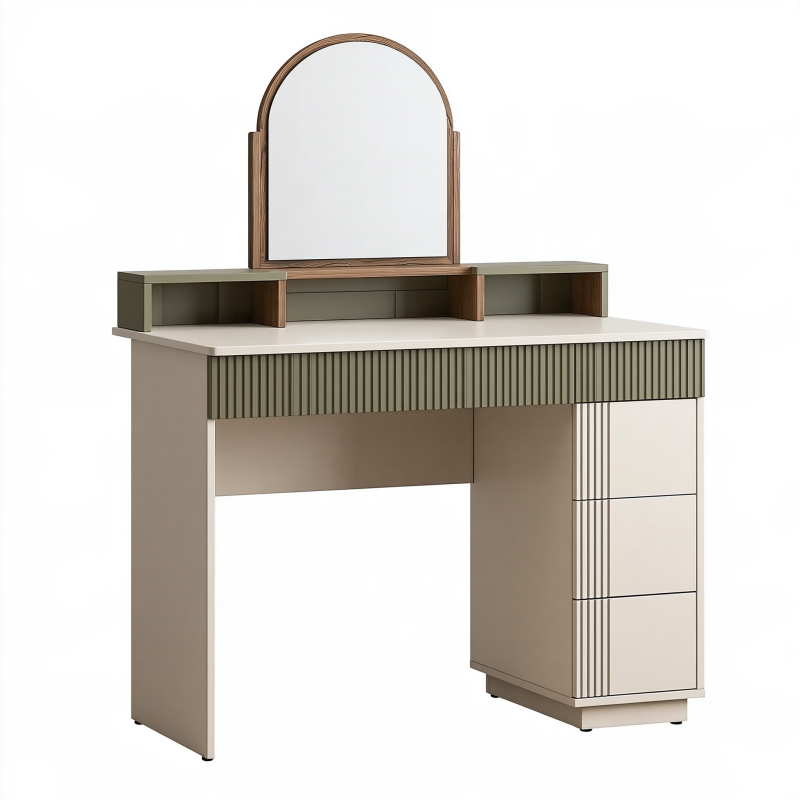 Coiffeuse 120 x 50 x 140 cm en panneaux de bois beige vert olive avec miroir et rangements