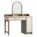 Coiffeuse 120 x 45 x 150 cm en bois beige noyer et vert olive avec miroir et rangements