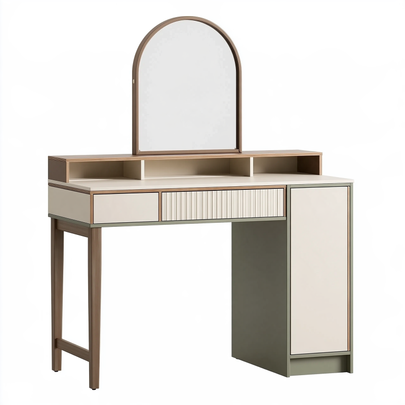 Coiffeuse 120 x 45 x 150 cm en bois beige noyer et vert olive avec miroir et rangements
