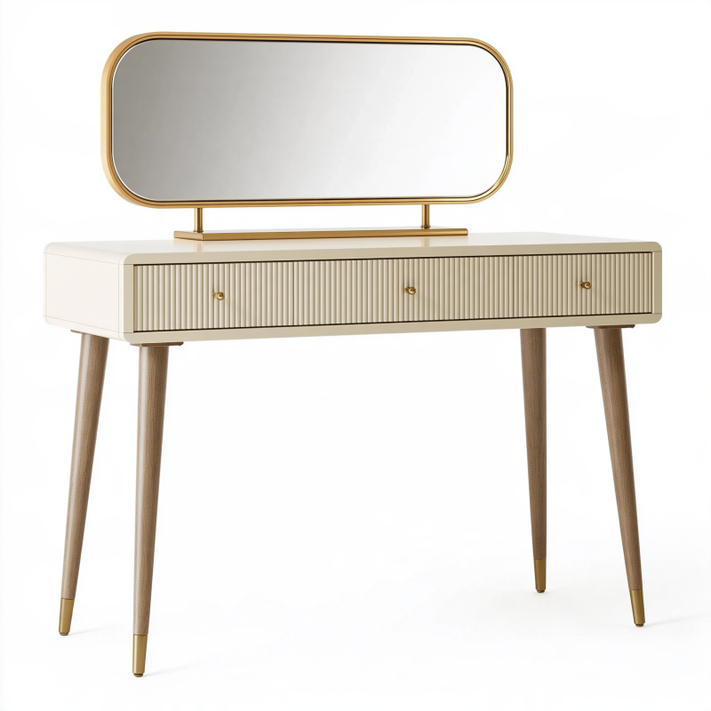Coiffeuse 120 x 40 x 145 cm en bois blanc et doré avec miroir style contemporain