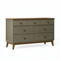 Commode 140 x 40 x 85 cm en bois vert kaki et brun style rétro à 7 tiroirs