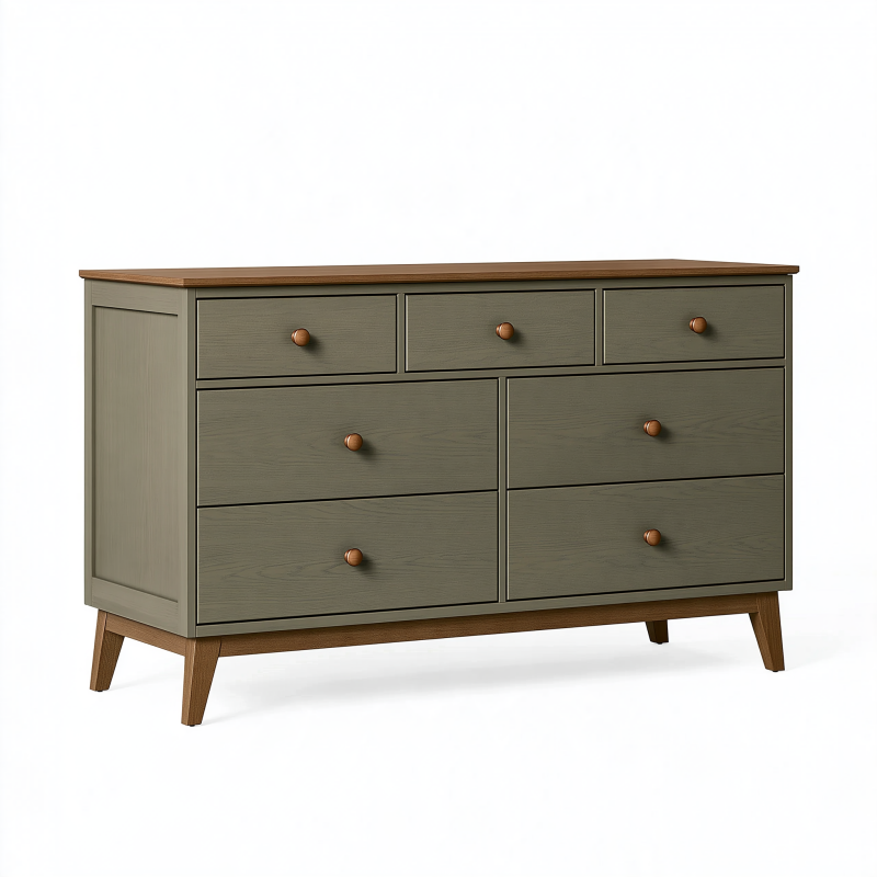 Commode 140 x 40 x 85 cm en bois vert kaki et brun style rétro à 7 tiroirs