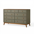 Commode 160 cm vert olive en bois à 9 tiroirs style rétro