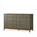 Commode 160 x 45 x 90 cm en bois vert kaki et brun à 10 tiroirs style rétro