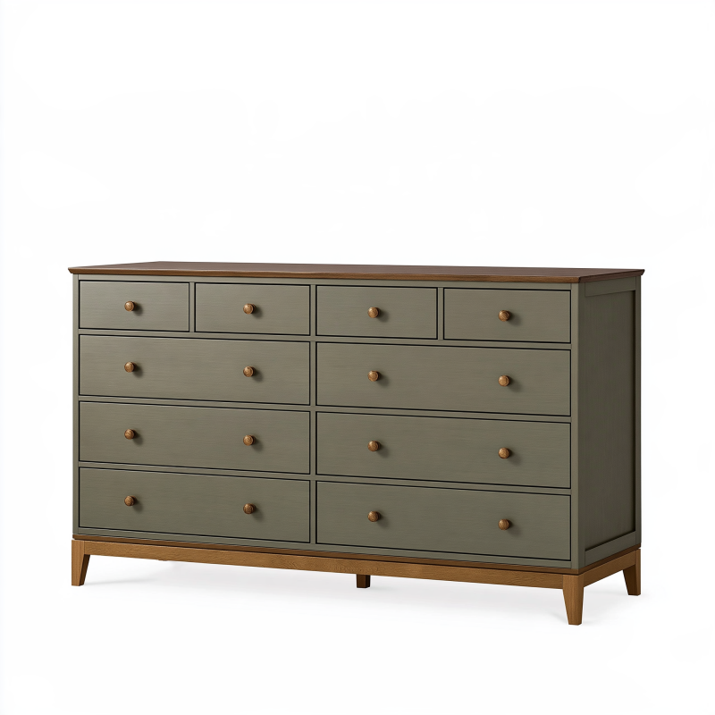 Commode 160 x 45 x 90 cm en bois vert kaki et brun à 10 tiroirs style rétro