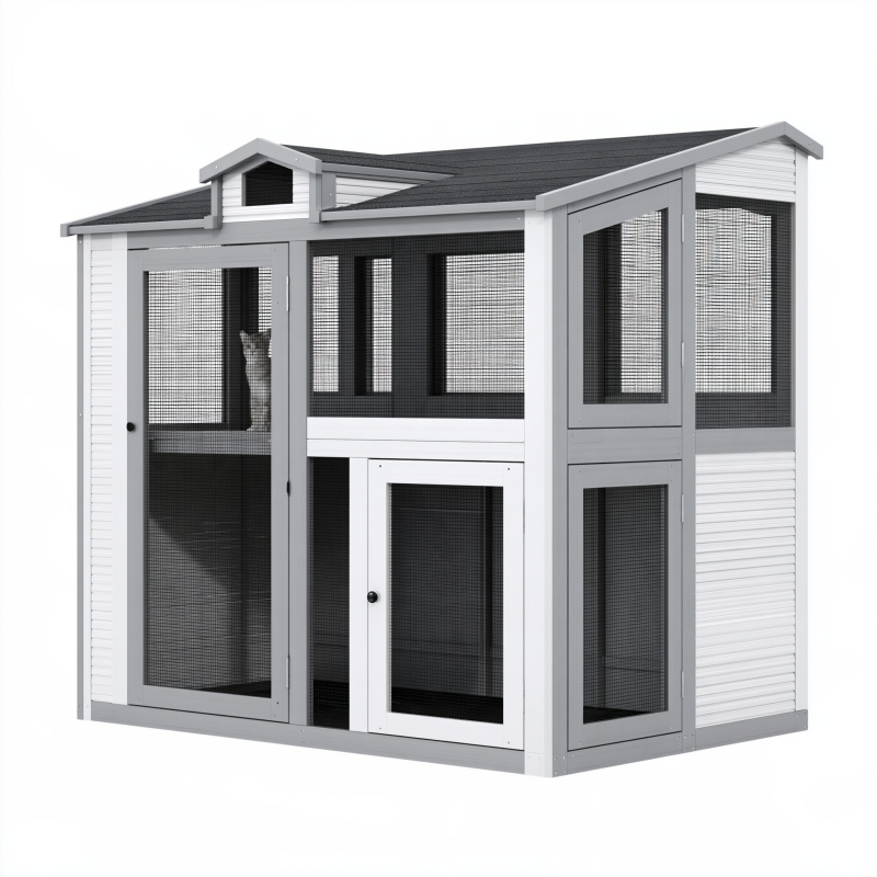 Enclos extérieur pour chat 180 x 120 x 180 cm en bois blanc et gris avec grillage et abri fermé