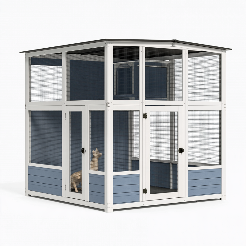 Enclos extérieur pour chats 180 x 120 x 180 cm en métal blanc et bleu avec grillage et portes verrouillables
