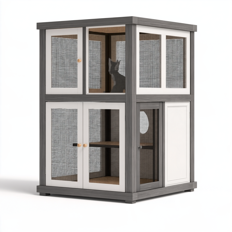 Cage pour chat 120 x 60 x 180 cm en bois gris et blanc avec panneaux grillagés