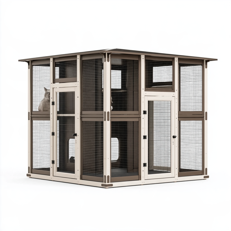 Enclos extérieur pour chats 180 x 180 x 180 cm en métal beige avec grillage et toit