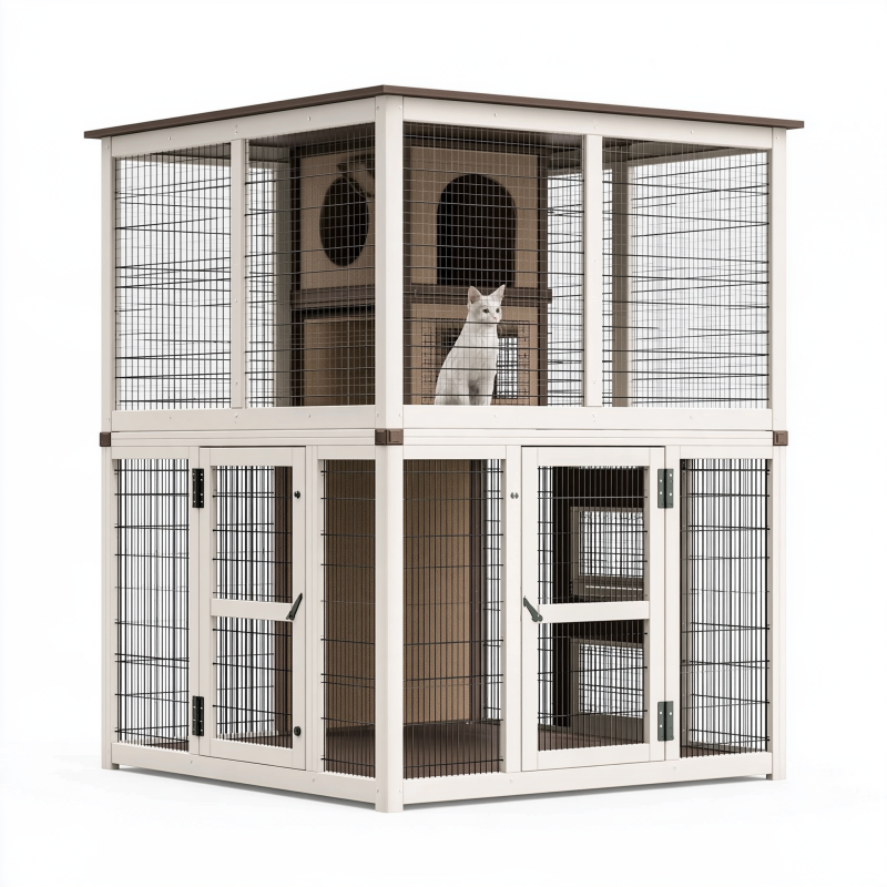 Enclos pour chat 180 x 90 x 180 cm en bois blanc et marron avec grillage - abri à niveaux