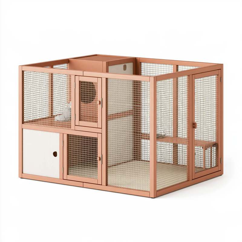 Enclos pour chat 140 x 90 x 110 cm en bois et métal terracotta avec portes grillagées intérieur