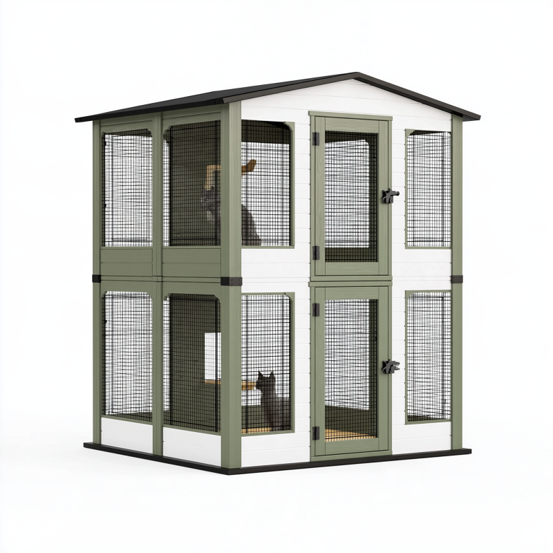 Enclos extérieur pour chats 120 x 80 x 180 cm en bois vert et blanc à deux niveaux avec toit