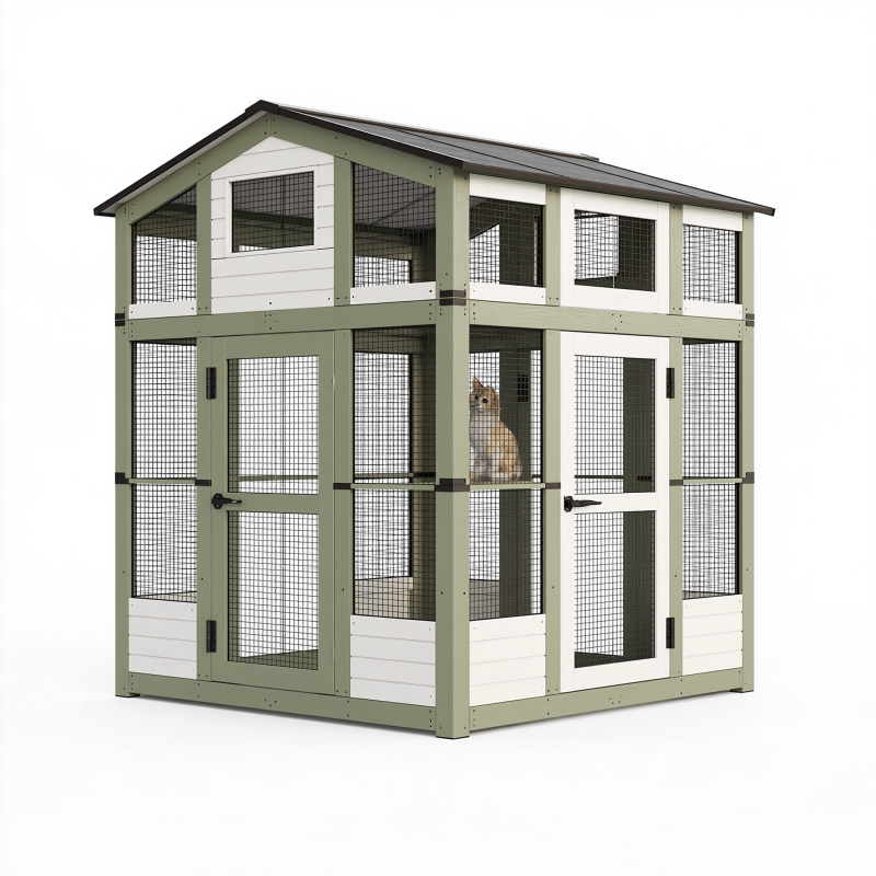 Enclos extérieur pour chat 180 x 90 x 180 cm en bois vert et blanc avec grillage et toit